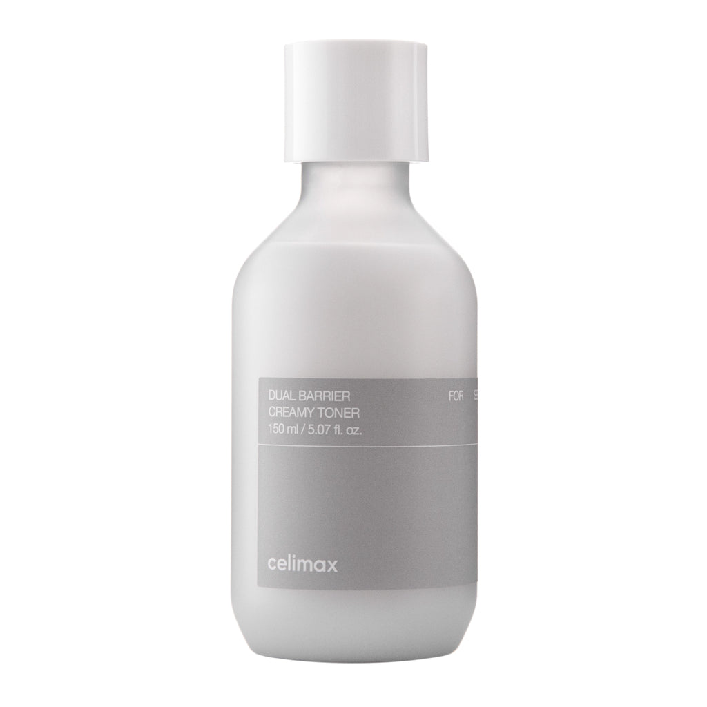 White bottle of Dual Barrier Creamy Toner by celimax on a white background
