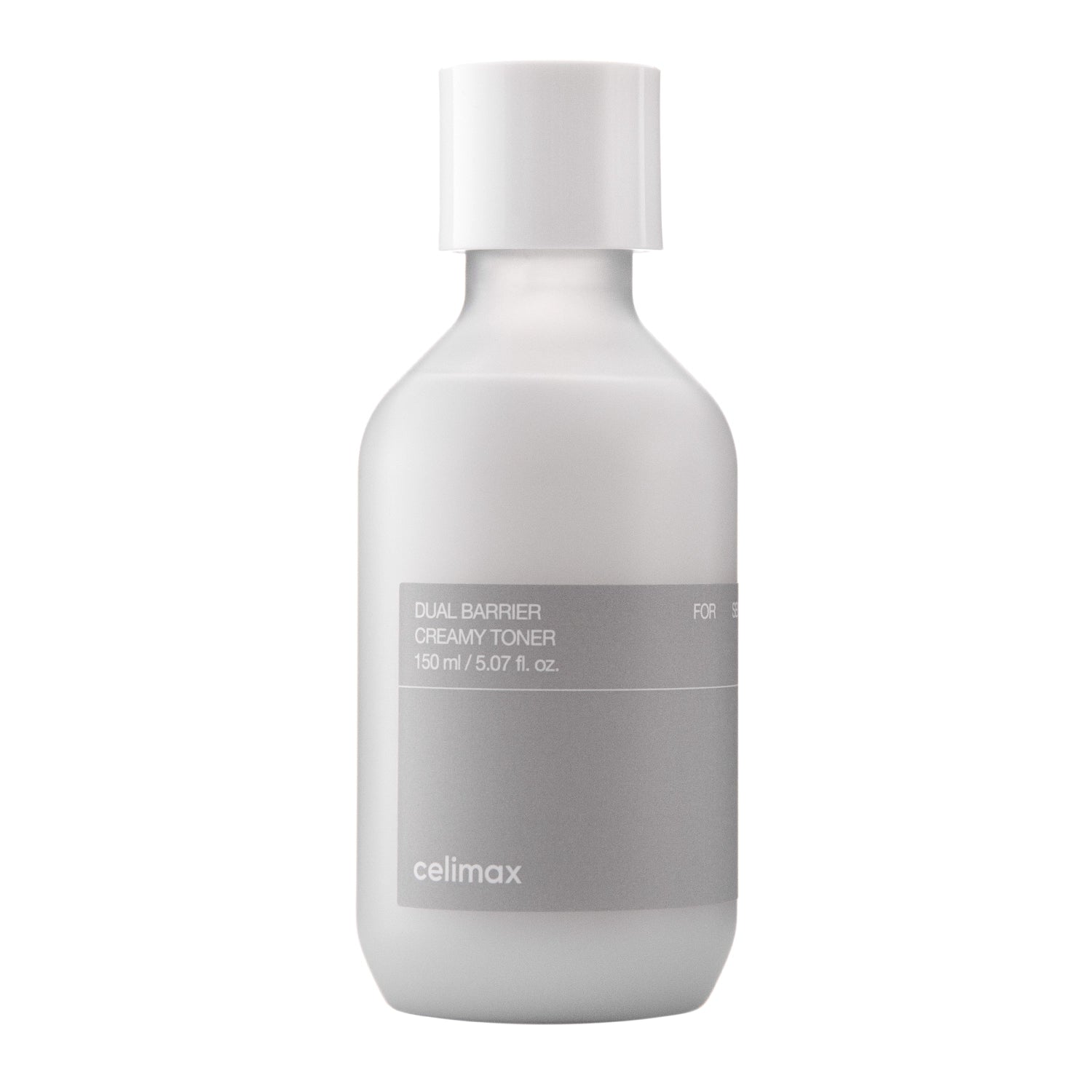 White bottle of Dual Barrier Creamy Toner by celimax on a white background