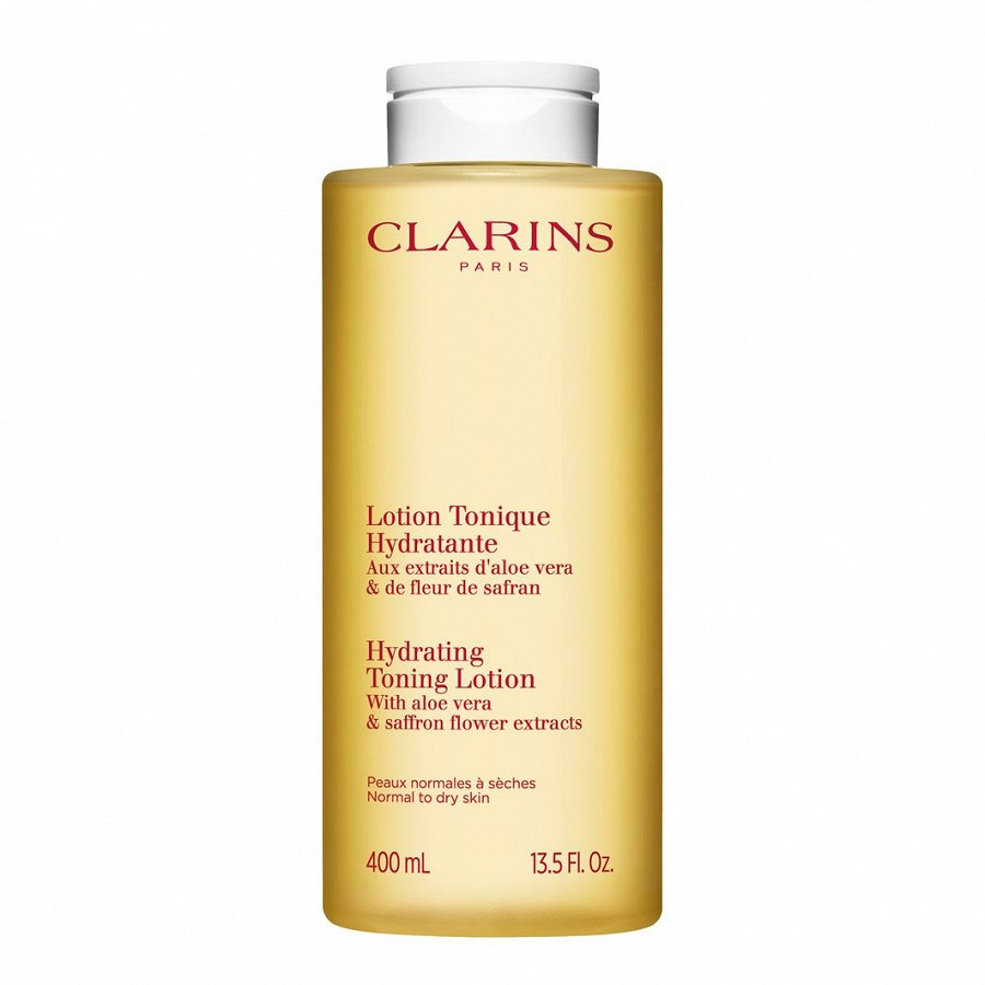 Clarins hydrating toning lotion bottle on a white background