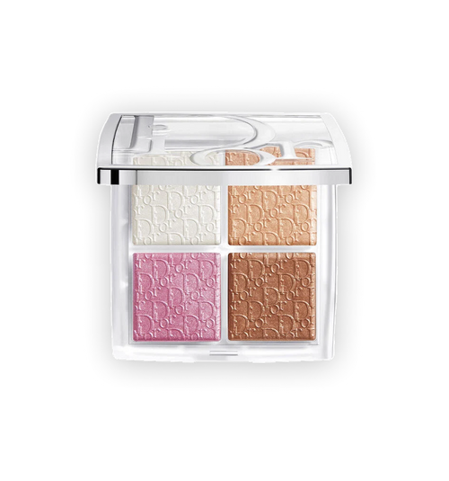 Dior 4-pan makeup palette with textured cream, champagne, pink, and bronze powders under a clear lid, shown on a white background.