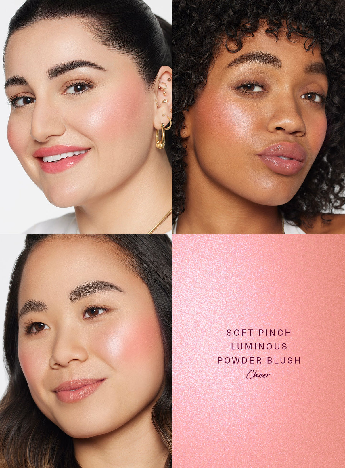 Rare Beauty Soft Pinch Luminous Powder Blush – Cheer worn on three skin tones