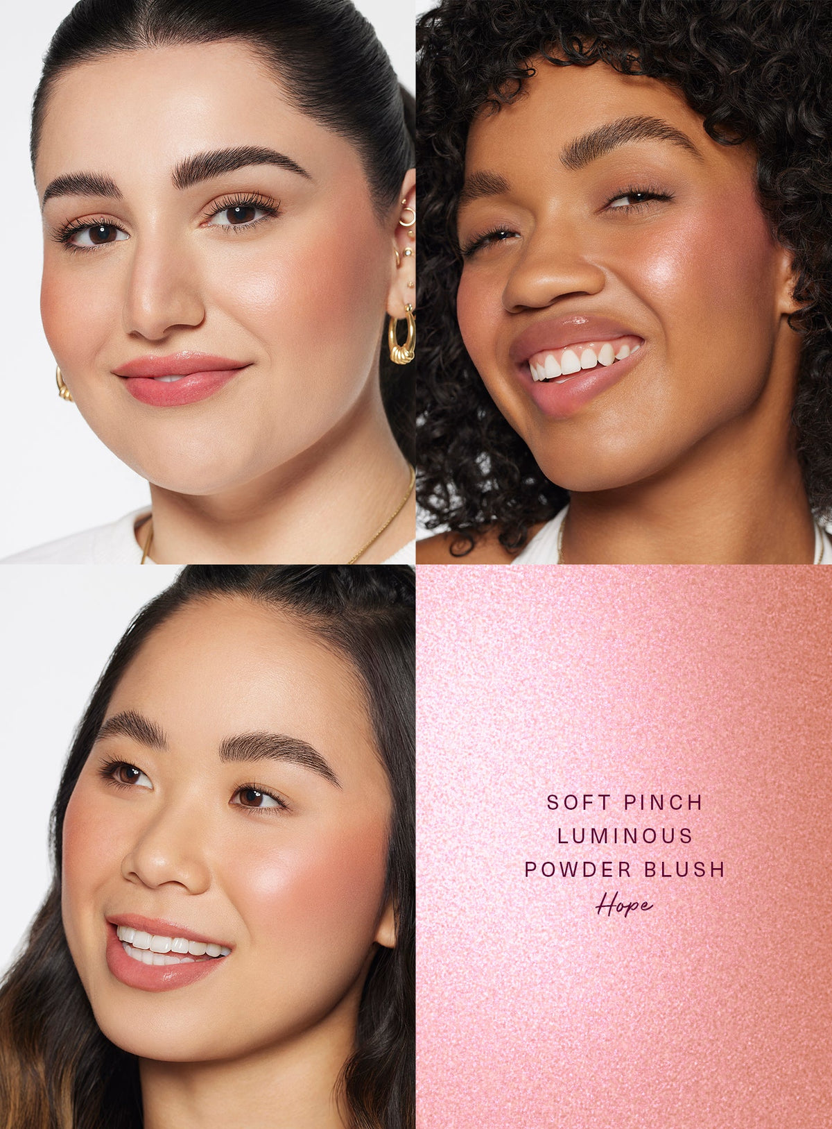 Rare Beauty Soft Pinch Luminous Powder Blush – Hope worn on three skin tones