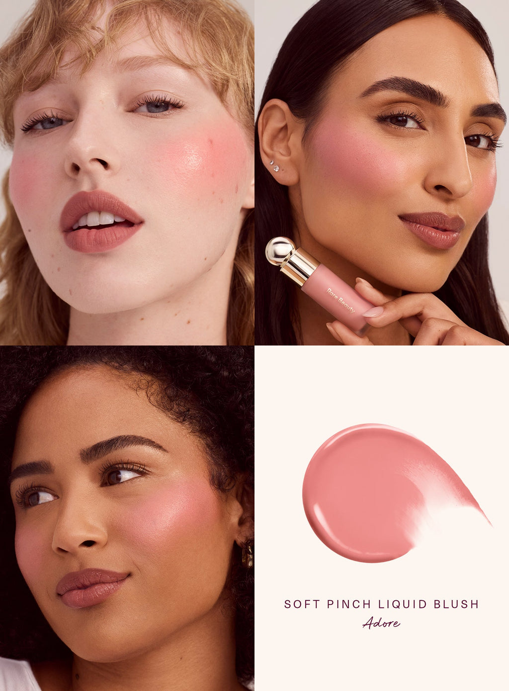 Rare Beauty Soft Pinch Liquid Blush – Adore worn on three skin tones