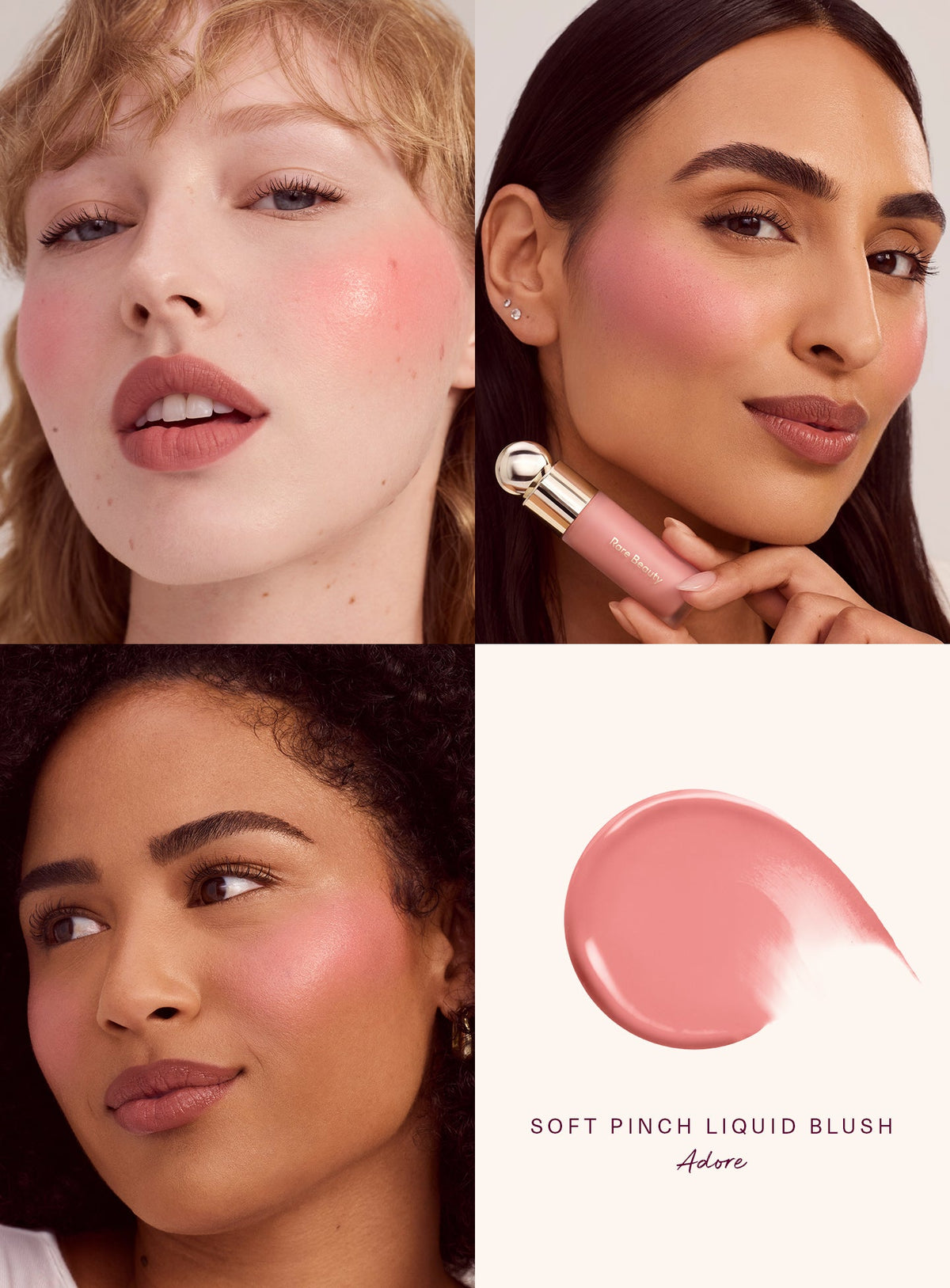 Rare Beauty Soft Pinch Liquid Blush – Adore worn on three skin tones