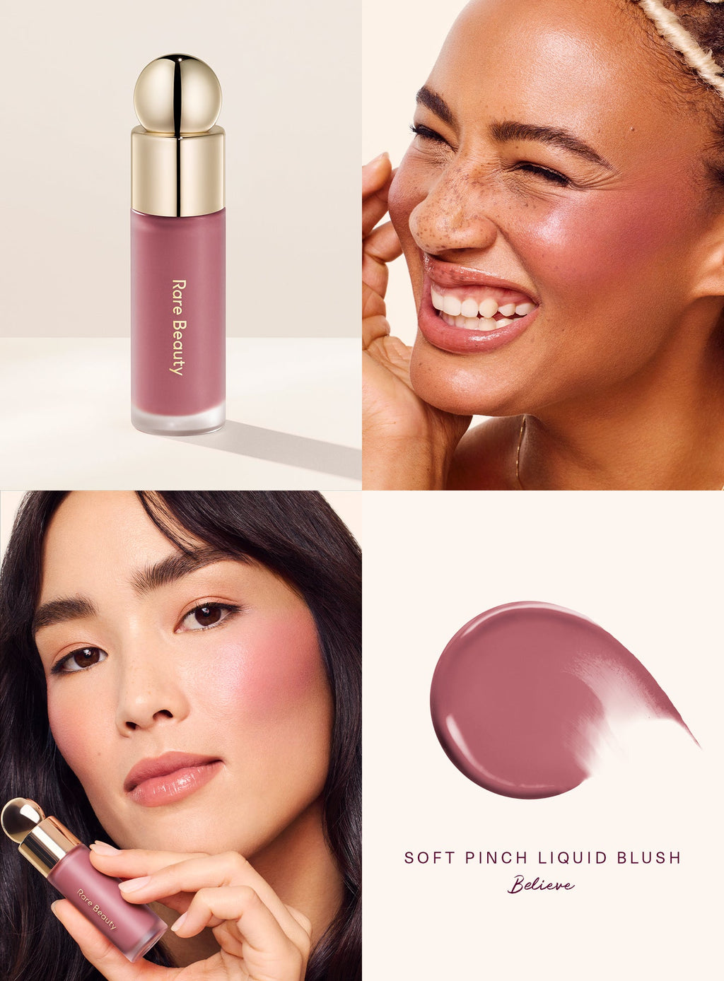 Rare Beauty Soft Pinch Liquid Blush – Believe worn on three skin tones