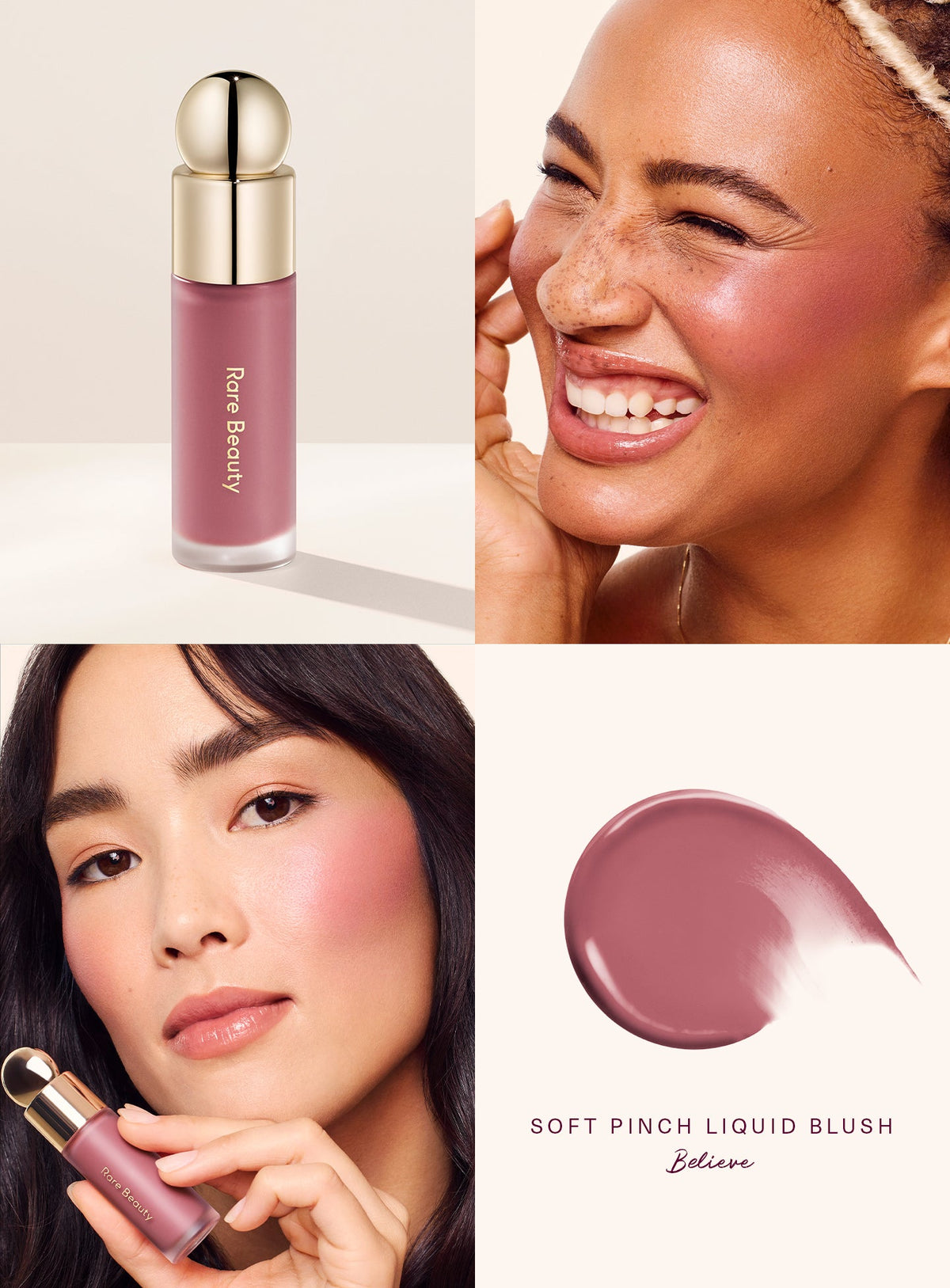 Rare Beauty Soft Pinch Liquid Blush – Believe worn on three skin tones