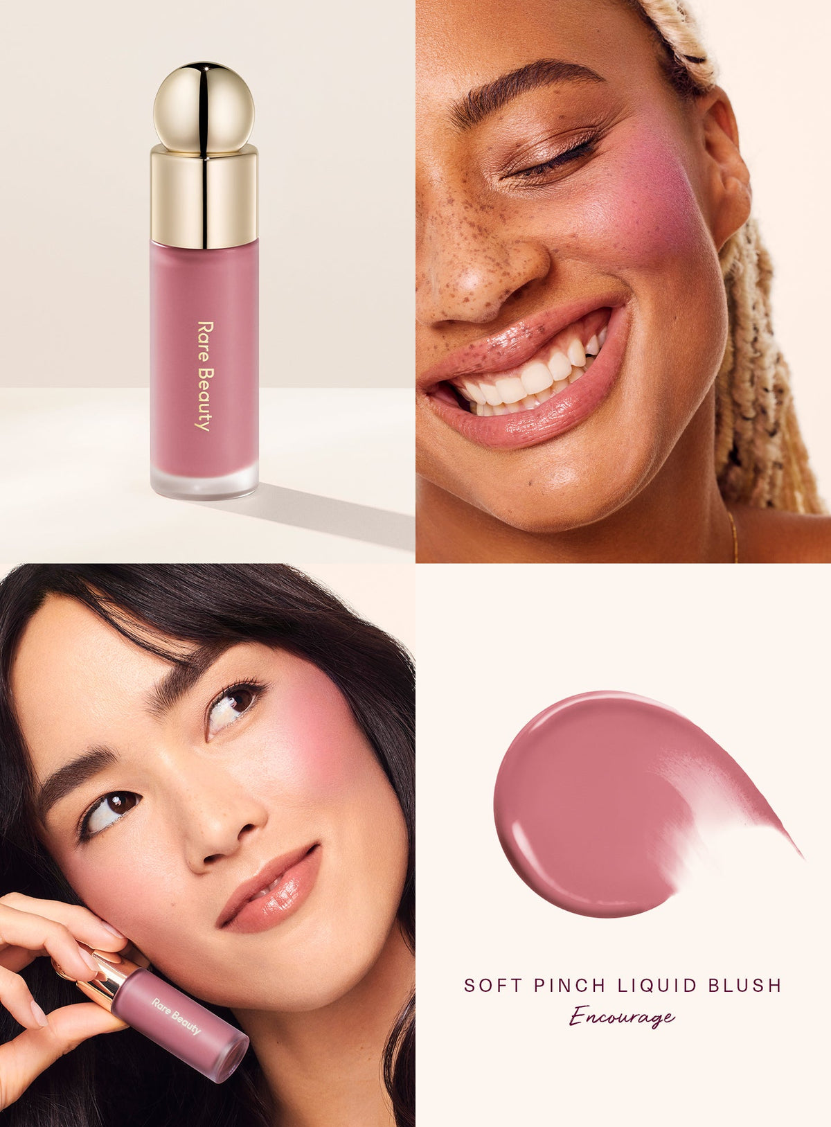 Rare Beauty Soft Pinch Liquid Blush – Encourage worn on three skin tones