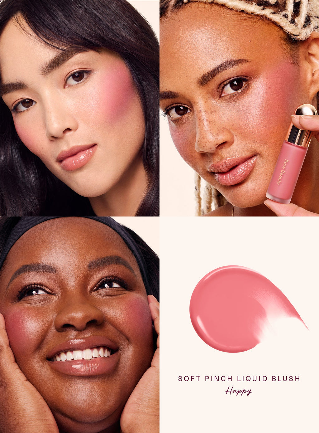 Rare Beauty Soft Pinch Liquid Blush – Happy worn on three skin tones