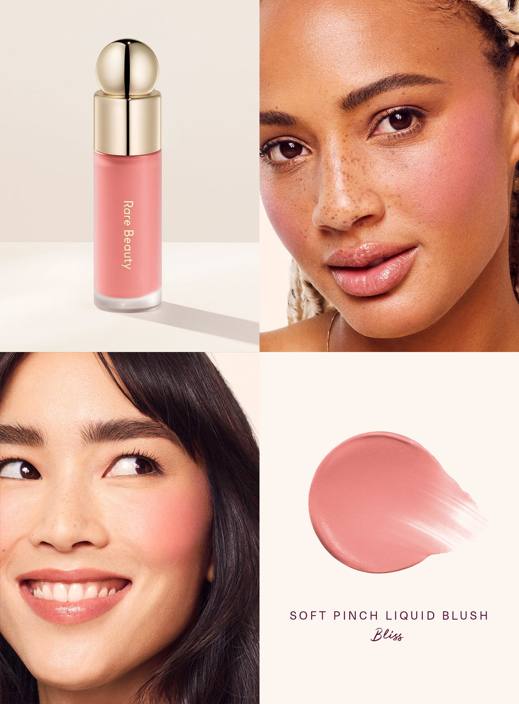 Rare Beauty Soft Pinch Liquid Blush – Bliss worn on three skin tones