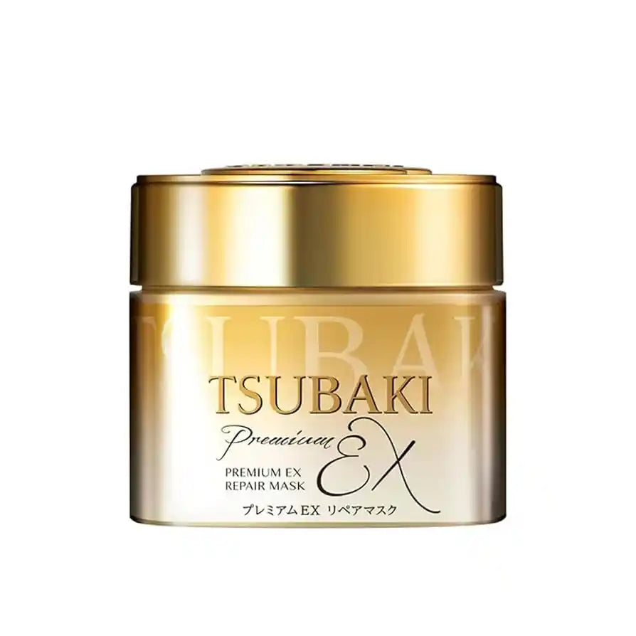 Tsubaki Premium EX repair mask jar with gold lid on a white background
