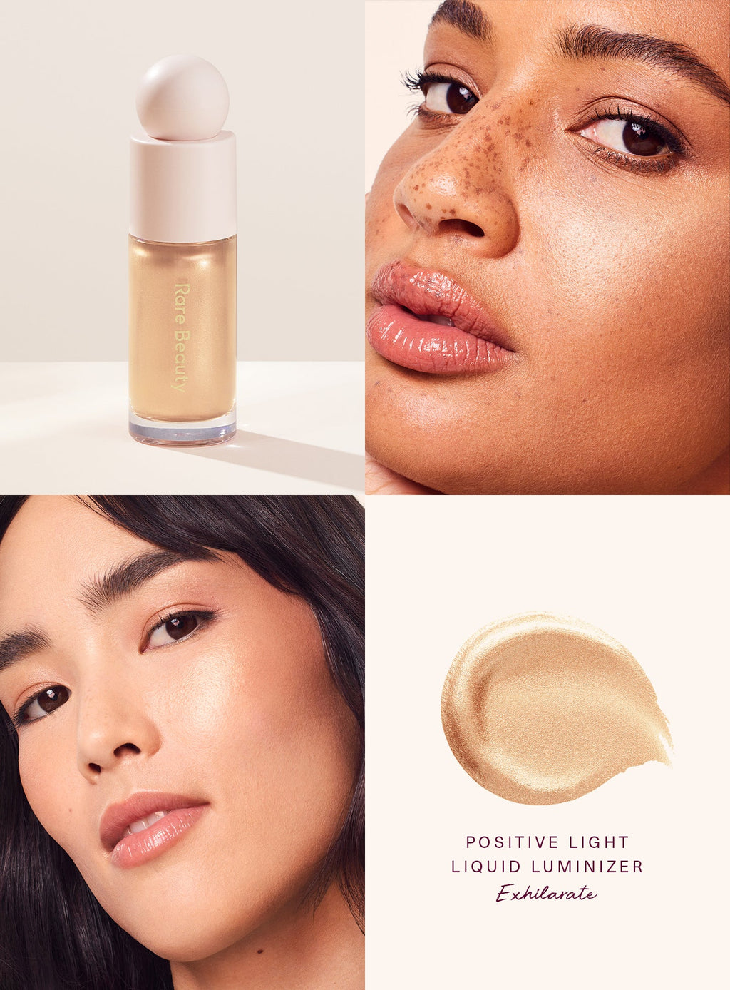 Rare Beauty Positive Light Liquid Luminizer – Exhilarate worn on two skin tones