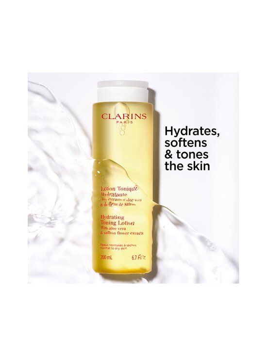 A bottle of Clarins Lotion Tonerie Hydrating Toner Gel with a white cap, shown against a white background with a water splash graphic and the text 'Hydrates, softens & tones the skin'.