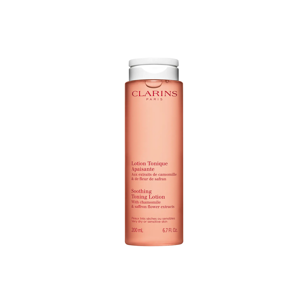 Image of a tall peach-toned Clarins Soothing Toning Lotion 200ml bottle with printed text and a white flip-top cap, centered on a white background.