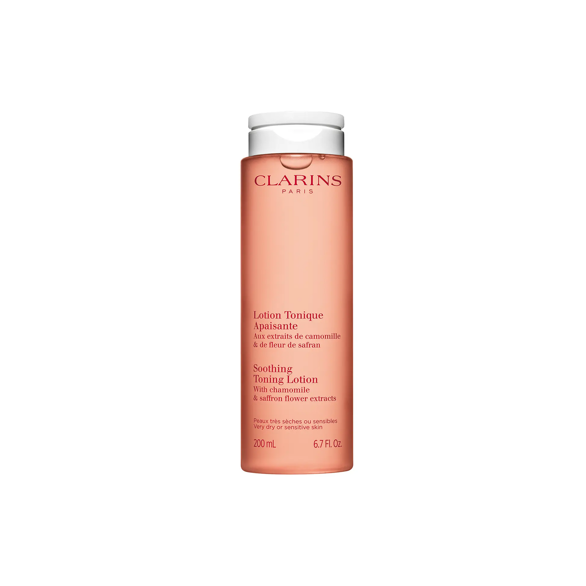 Image of a tall peach-toned Clarins Soothing Toning Lotion 200ml bottle with printed text and a white flip-top cap, centered on a white background.