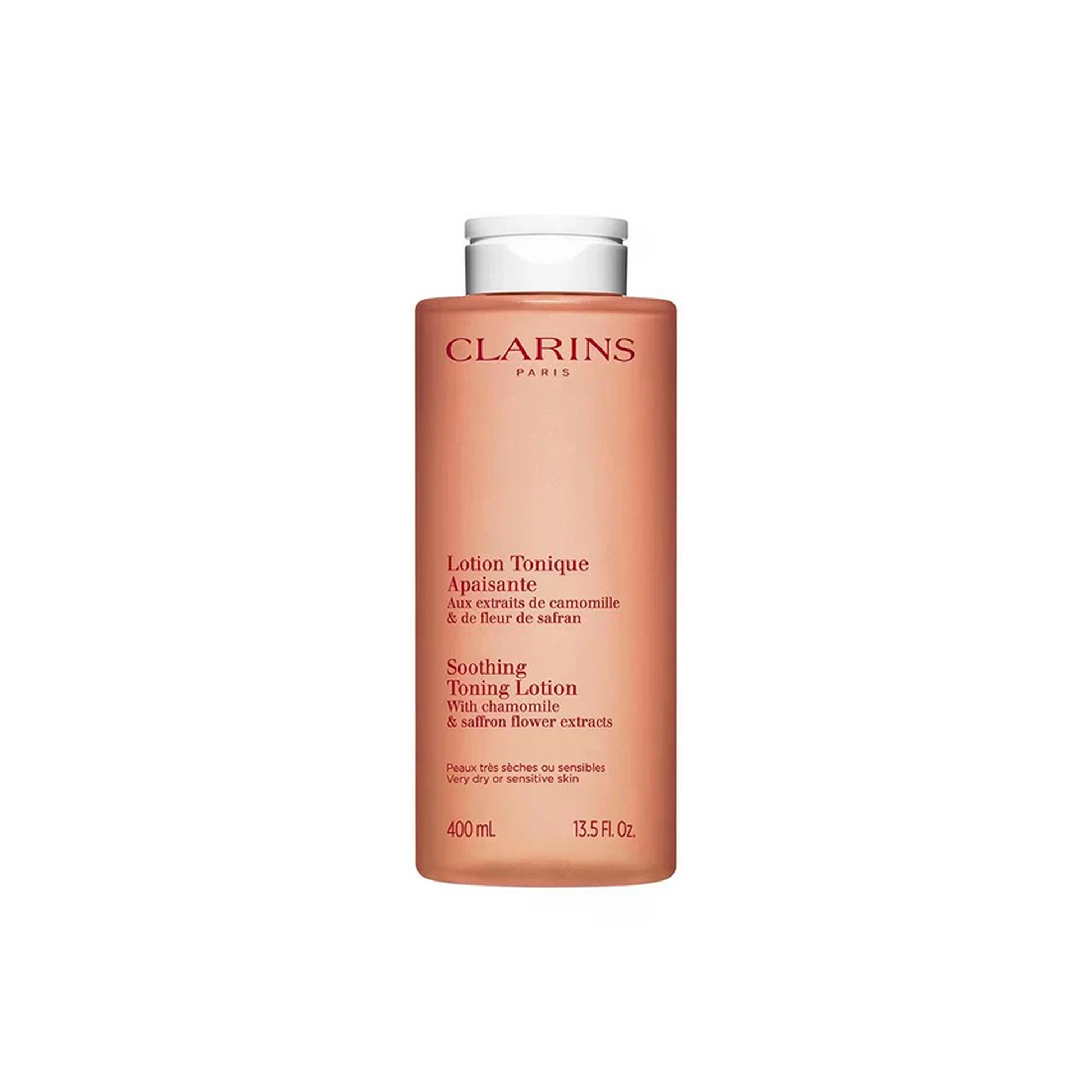 Front-facing image of a Clarins Paris Soothing Toning Lotion bottle, peach-toned with white cap, on a plain white background.