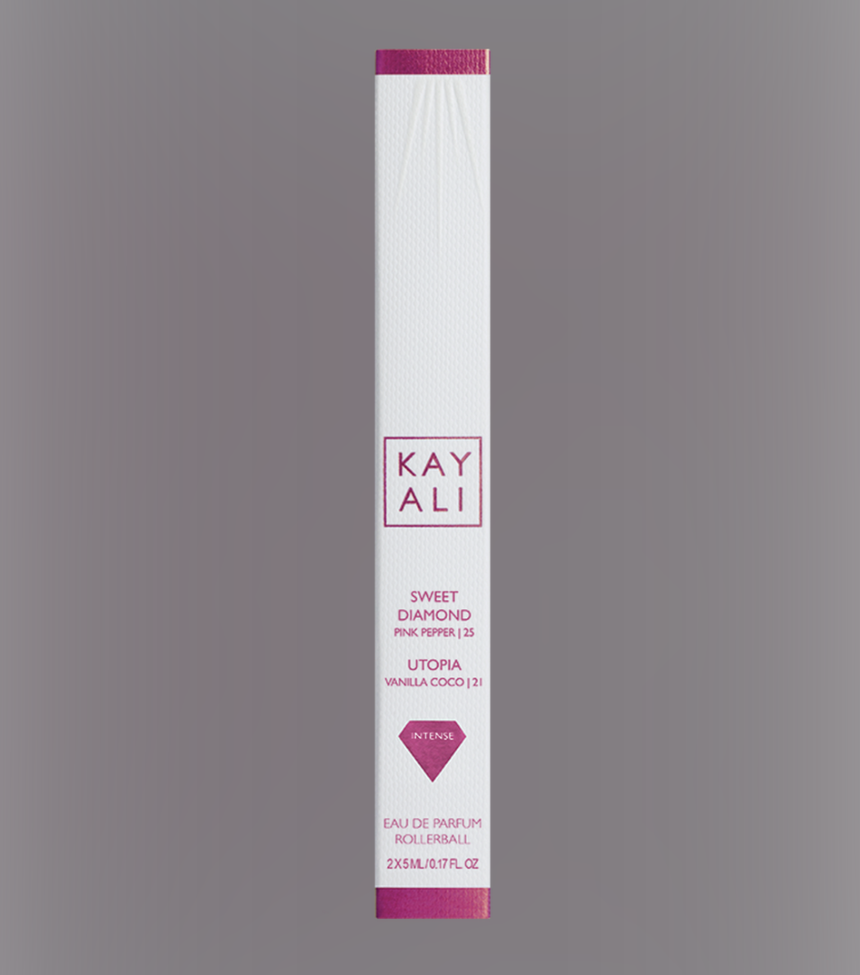 Kayali Eau de Parfum Rollerball Duo – Sweet Diamond Pink Pepper 25 & Utopia Vanilla Coco 21 packaging view