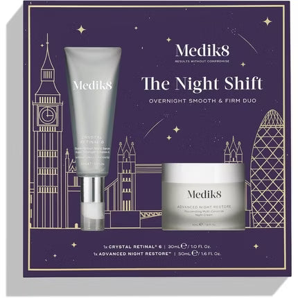 Medik8 The Night Shift Crystal Retinal 6 30ml and Advanced Night Restore 50ml packaging view