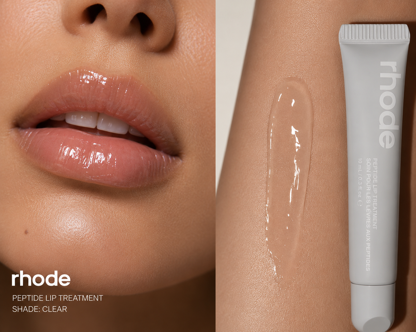 Close-up of a person's lips with 'rhode' lip treatment and a tube of the product.