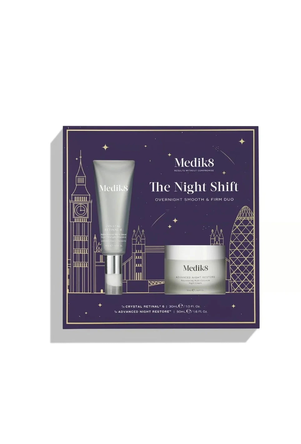 Medik8 The Night Shift skincare set packaging on a white background